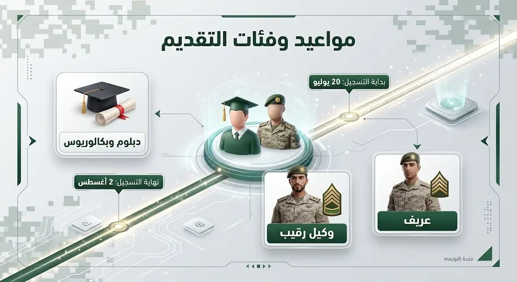 بطاقة معلومات رقمية توضح مواعيد التسجيل في البرامج العسكرية التقنية والفئات المستهدفة.