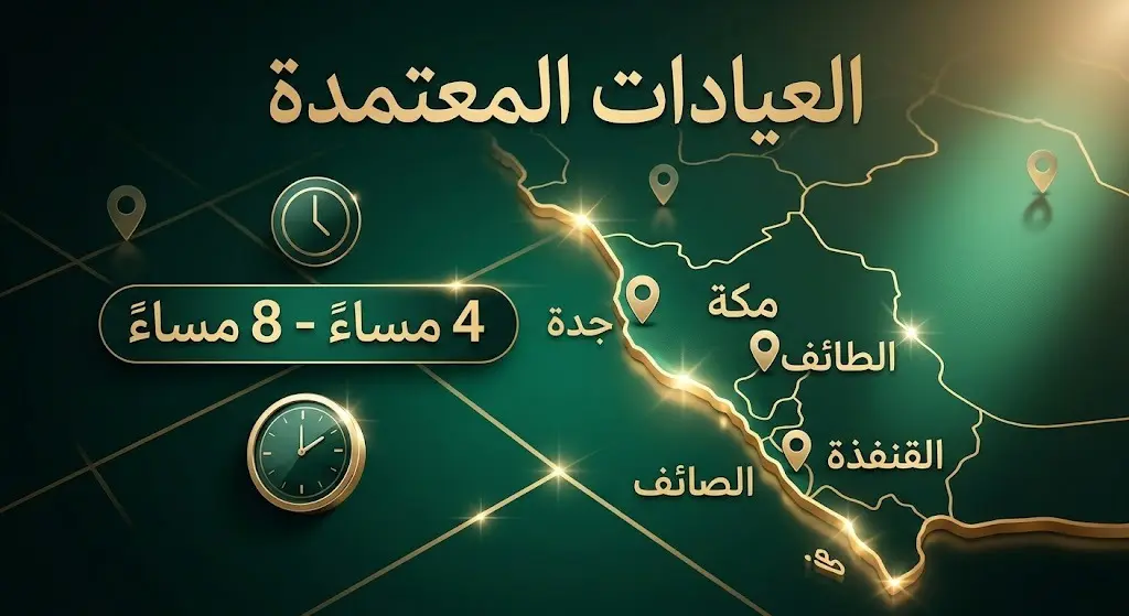 بطاقة معلومات مرئية تستعرض المدن المشمولة بحملة التحصين وهي مكة وجدة والطائف والقنفذة، مع إبراز مواعيد العمل من الرابعة وحتى الثامنة مساءً.