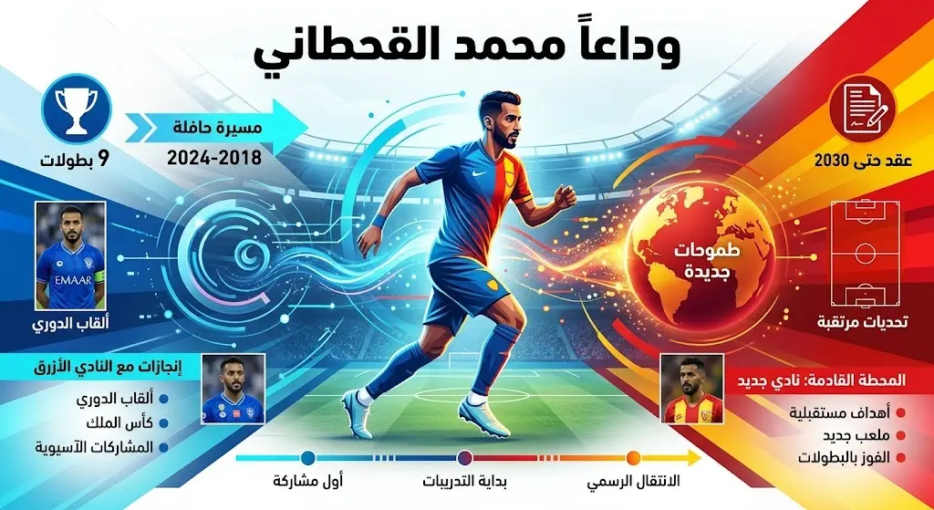 تصميم رياضي يودع اللاعب محمد القحطاني بعد انتقاله من الهلال إلى القادسية، ويستعرض أرقامه وبطولاته التسع.