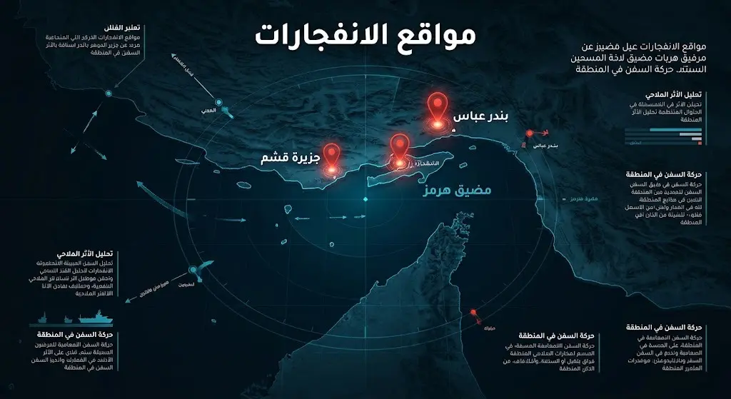 خريطة إنفوجرافيك ثلاثية الأبعاد توضح مواقع الانفجارات شرق مدينة بندر عباس وجزيرة قشم قرب مضيق هرمز.