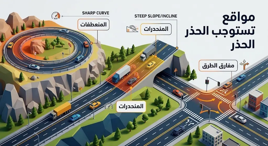 تصميم ثلاثي الأبعاد يبرز مواقع الطرق التي تتطلب الحذر والتهدئة كالمنعطفات، المنحدرات، ومفارق الطرق.