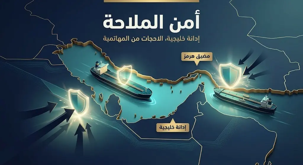 تصميم غرافيكي لخريطة مضيق هرمز مع دروع أمنية وسفن، يبرز الموقف السعودي والخليجي الحازم لحماية أمن الملاحة.