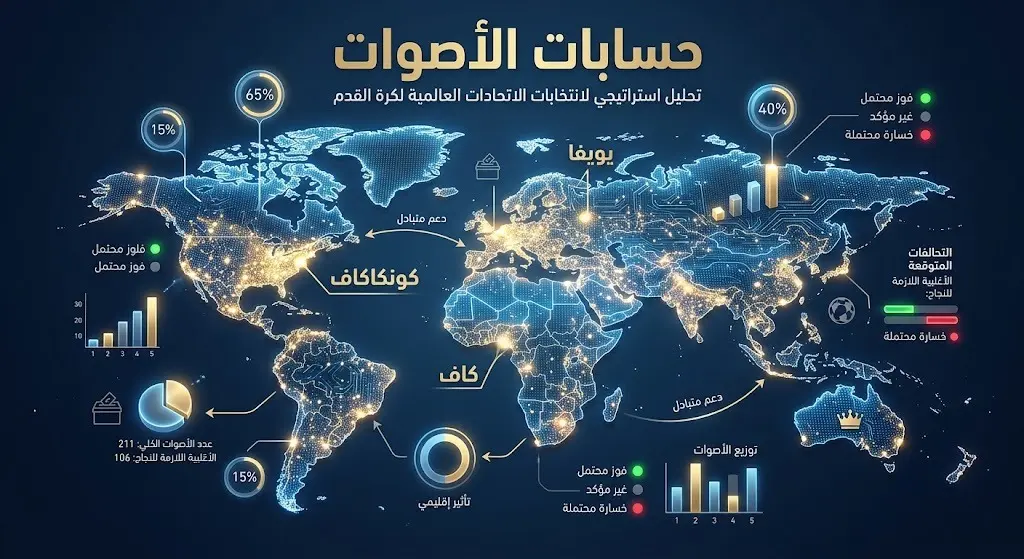 إنفوجرافيك بياني على شكل خريطة عالمية مضيئة يوضح توزع الأصوات ومواقف الاتحادات القارية الكبرى.