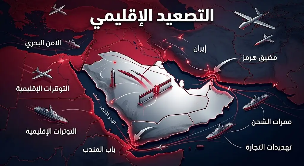 تصميم إنفوجرافيك جيوسياسي يبرز موقعي مضيق هرمز ومضيق باب المندب كبؤر محتملة للتصعيد العسكري الإقليمي.