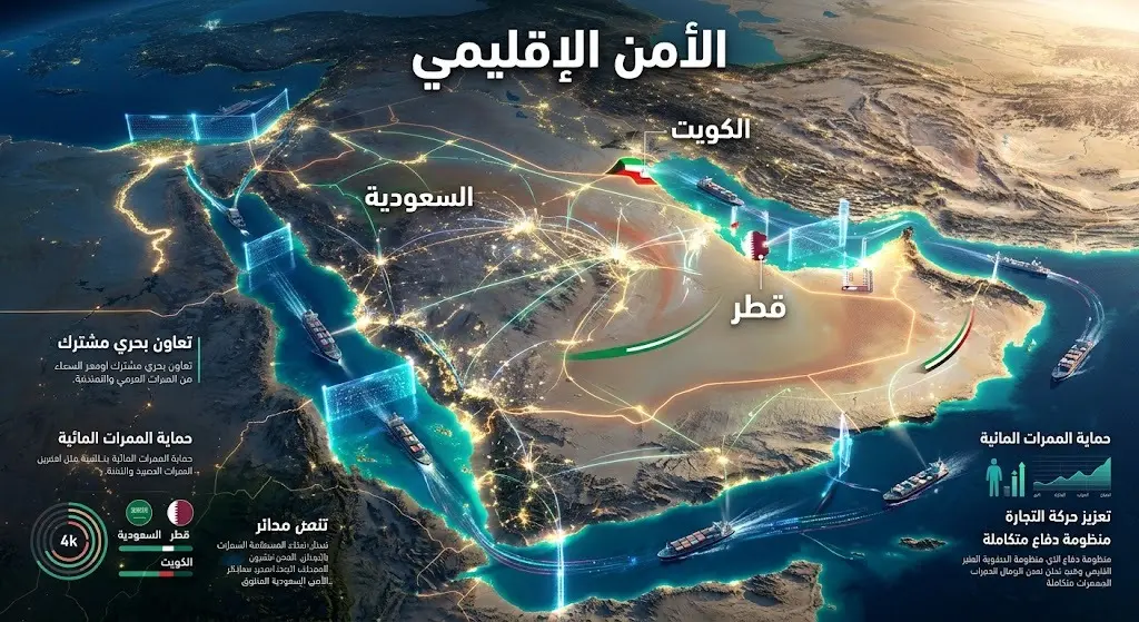 إنفوجرافيك تعبيري ثلاثي الأبعاد يوضح خريطة شبه الجزيرة العربية والبحر الأحمر مع دروع حماية رقمية تعكس التضامن الخليجي في حماية الأمن الإقليمي.