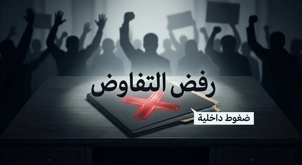 تصميم تعبيري يظهر وثيقة دبلوماسية مختومة بعلامة الرفض مع ظلال لجموع غاضبة في الخلفية تعبيراً عن المعارضة لخط المفاوضات.