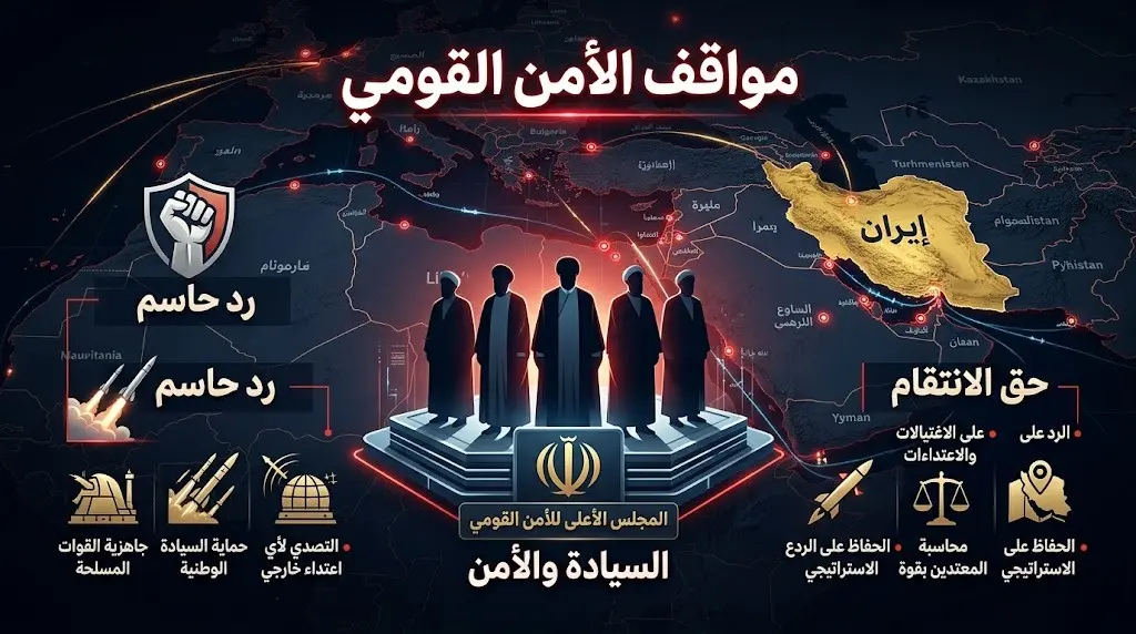 تصميم إعلامي يبرز مواقف مسؤولي الأمن القومي الإيراني وتصريحاتهم حول حق الانتقام والرد الحاسم.