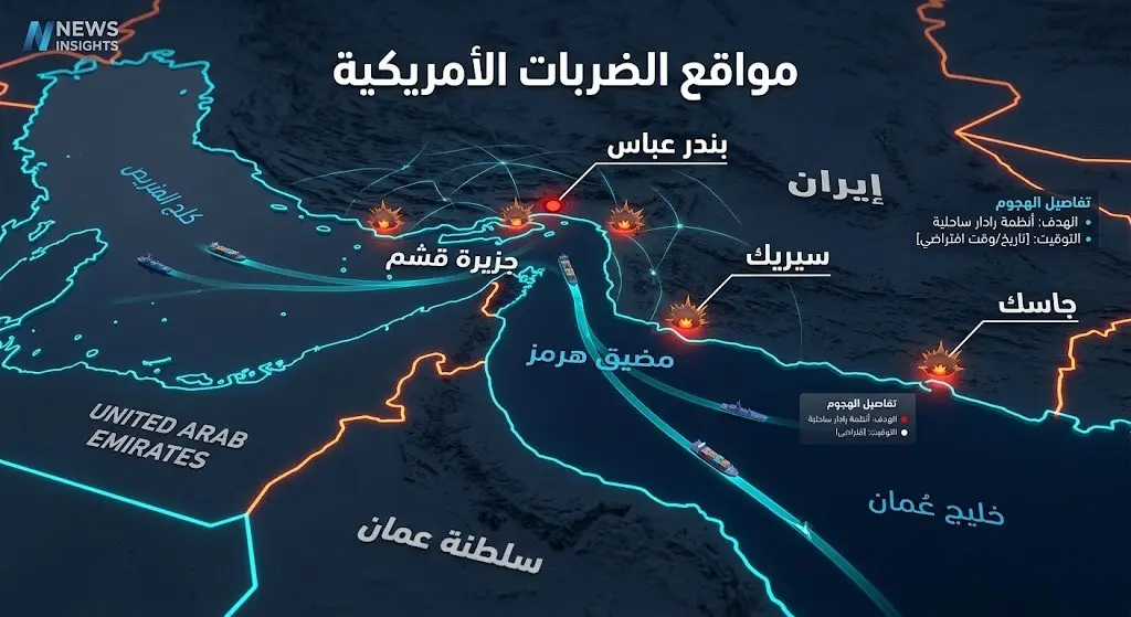 إنفوجرافيك تفاعلي يوضح خريطة الضربات الأمريكية والانفجارات في مناطق متفرقة جنوبي إيران ومضيق هرمز.