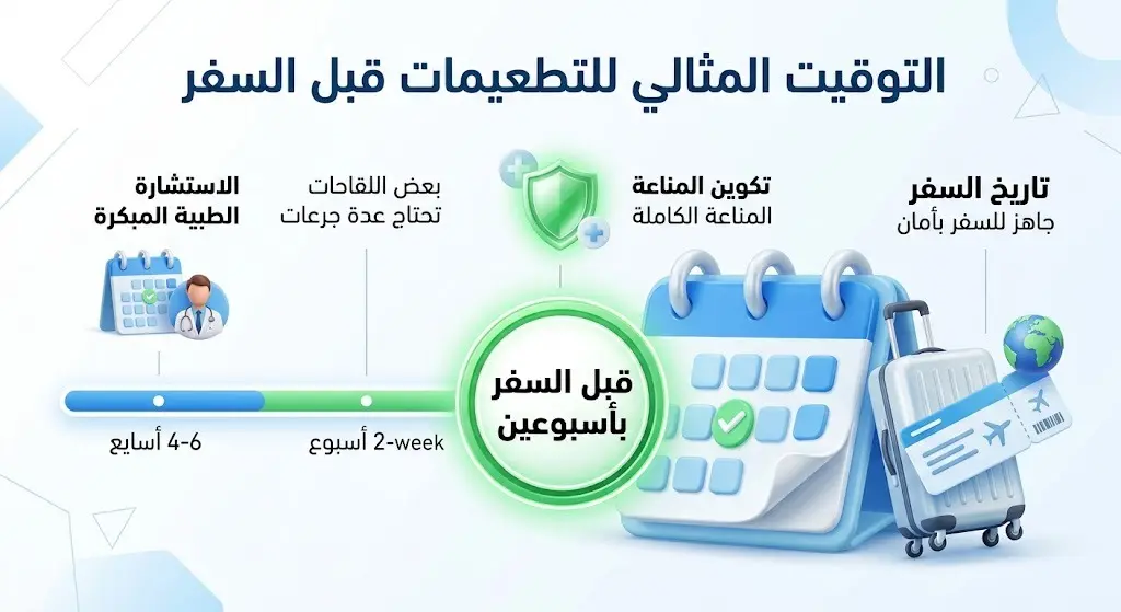 تصميم يبرز أهمية الالتزام بالوقت المناسب لأخذ اللقاحات والأدوية الوقائية قبل السفر بأسبوعين من خلال تقويم زمني وأيقونات سفر طبية.