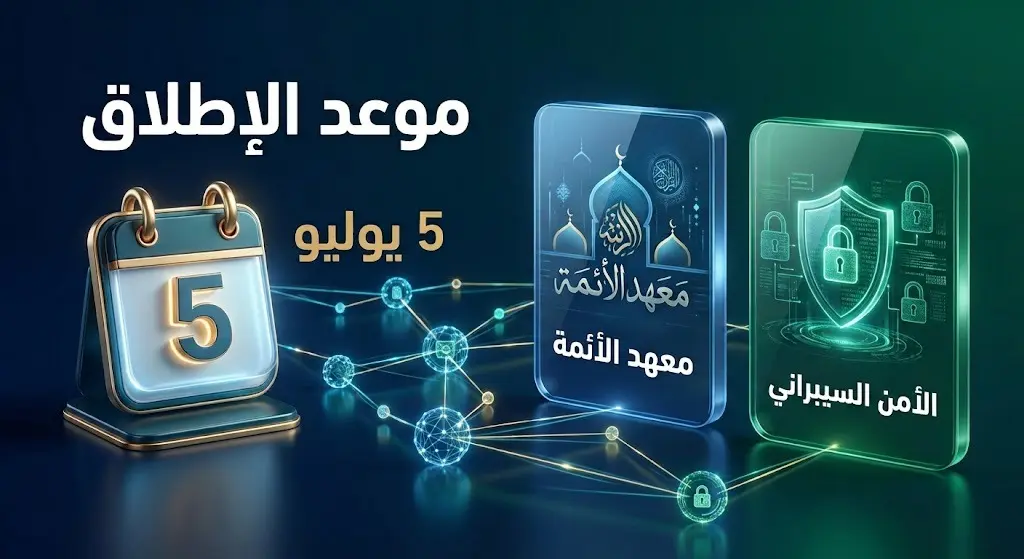 إنفوجرافيك احترافي يوضح موعد إطلاق برنامج الأمن السيبراني في 5 يوليو، مع إبراز الجهات المنفذة وهي معهد الأئمة والخطباء والإدارة العامة للأمن السيبراني.