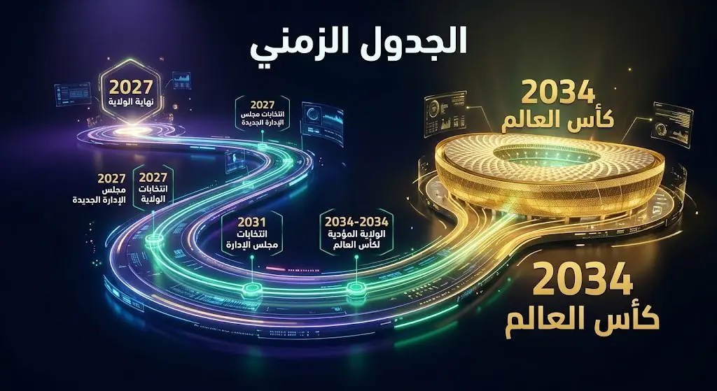 تصميم إبداعي يمثل المسار الزمني لانتخابات اتحاد القدم وصولاً إلى كأس العالم 2034.
