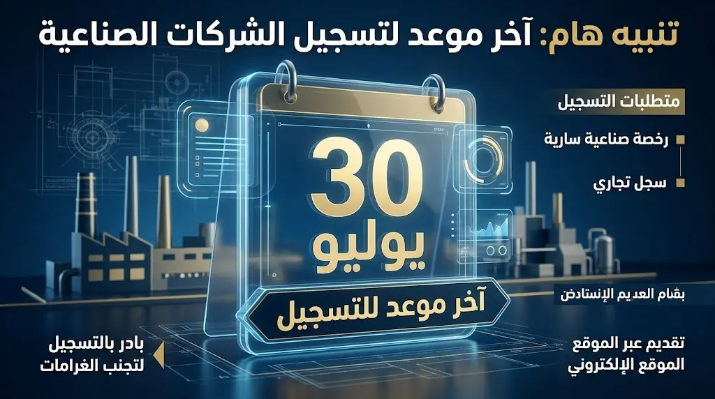تصميم رقمي حديث يبرز تاريخ 30 يوليو كآخر موعد لتسجيل الشركات الصناعية في المبادرة.