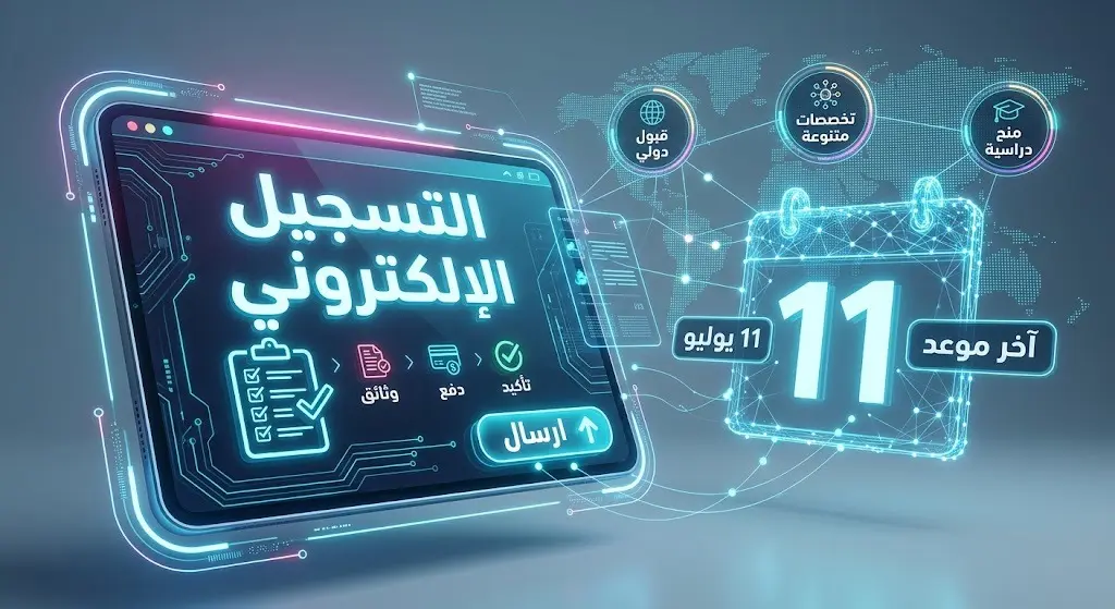 تصميم رقمي إبداعي يبرز موعد إغلاق التقديم في 11 يوليو وآلية التسجيل الإلكتروني عبر بوابة الجامعة.