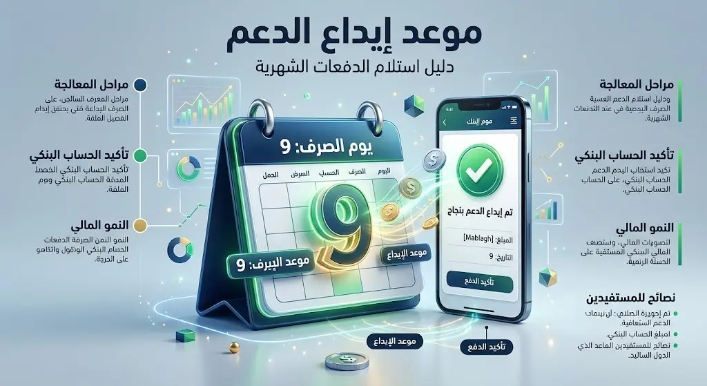 إنفوجرافيك يوضح موعد إيداع الدعم المالي لبرنامج حساب المواطن لشهر يوليو 2026 والمقرر في التاسع من الشهر.