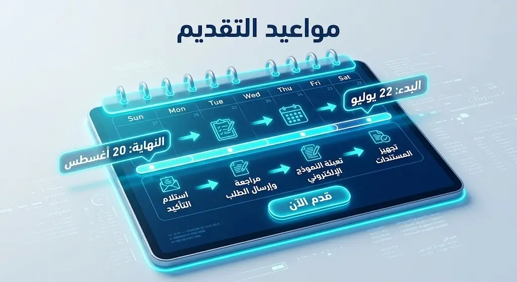 تصميم رقمي إبداعي يبرز المخطط الزمني للتقديم على الوظائف، بدءاً من 22 يوليو وحتى الموعد النهائي في 20 أغسطس عبر واجهة إلكترونية.