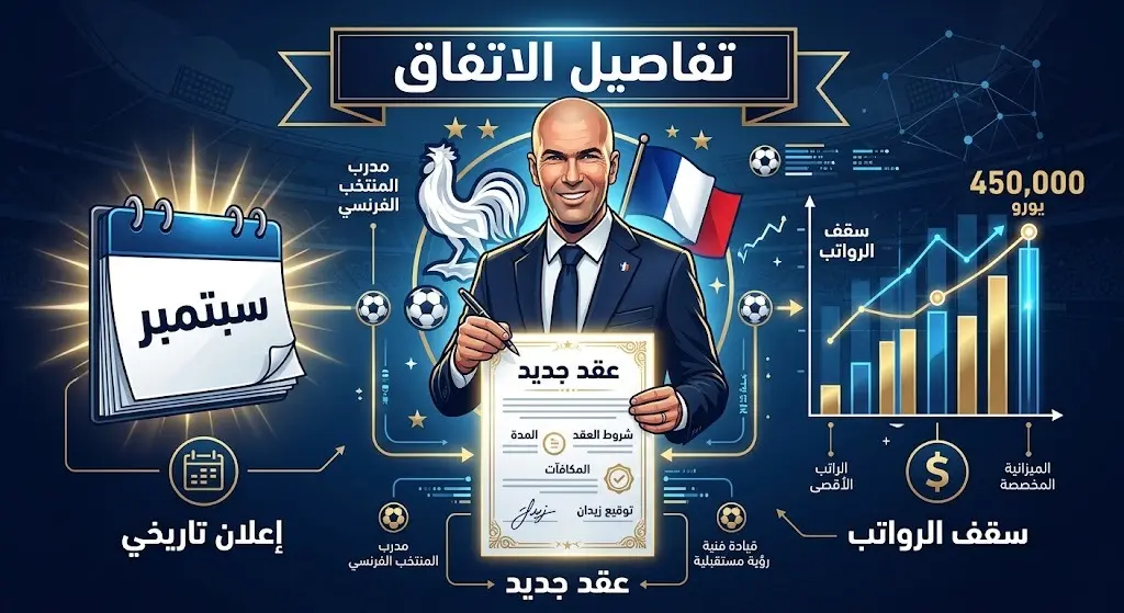 تصميم بصري يستعرض تفاصيل اتفاق الاتحاد الفرنسي مع زيدان، موعد الإعلان في سبتمبر، وتحديات سقف الرواتب.