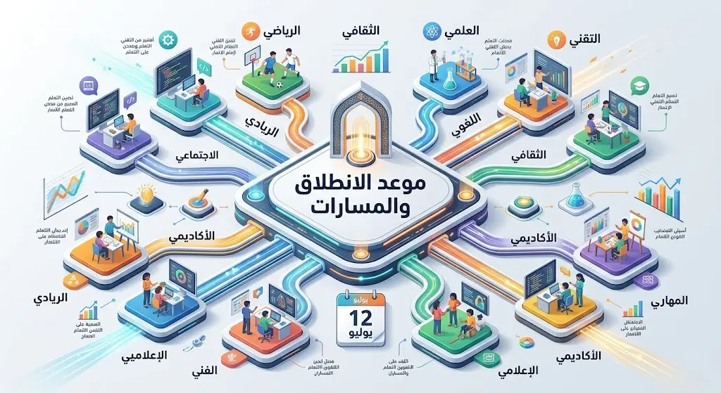 إنفوجرافيك عصري يستعرض موعد انطلاق النادي الصيفي في 12 يوليو، بالإضافة إلى مساراته الإحدى عشرة المتنوعة.