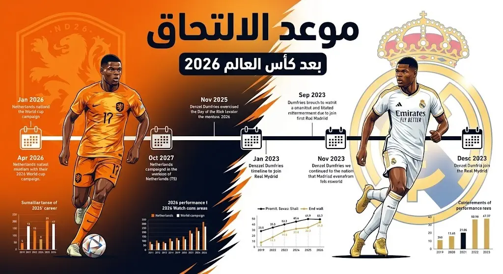 إنفوجرافيك زمني يوضح موعد انضمام دينزل دومفريس لتدريبات ريال مدريد بعد انتهاء مشاركته مع منتخب هولندا في كأس العالم 2026.