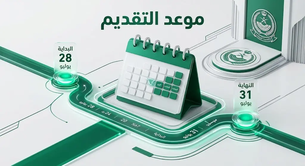 تصميم لجدول زمني يبرز مواعيد التقديم للدفعة 38 بداية من 28 يوليو الجاري وحتى إغلاق باب التسجيل في 31 يوليو.