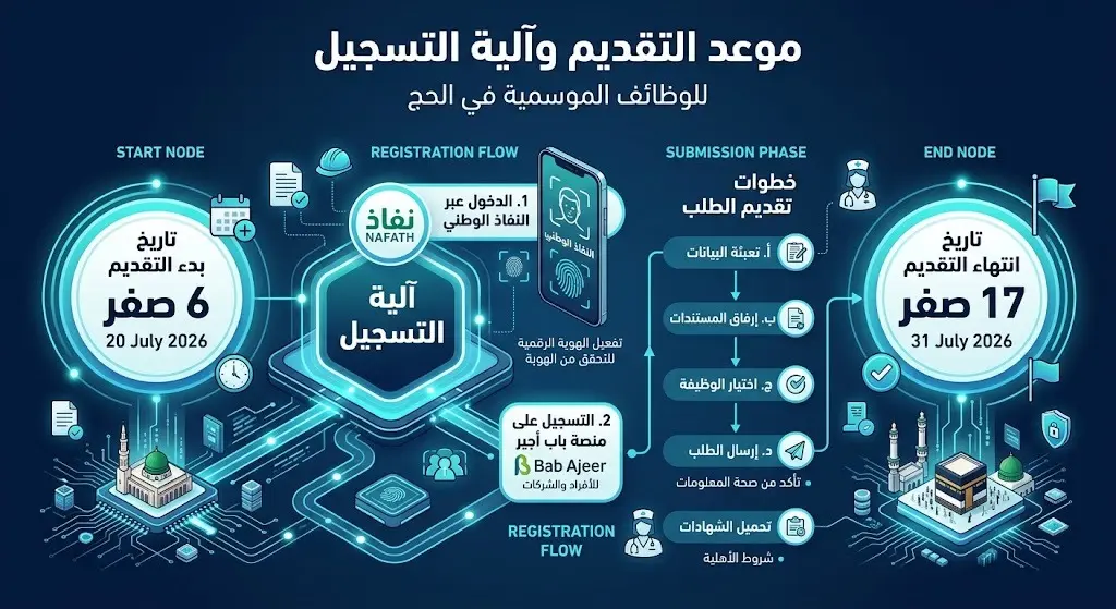 تصميم مرئي يعرض جدولاً زمنياً لموعد التقديم للوظائف الموسمية وآلية التسجيل عبر نظام النفاذ الوطني.