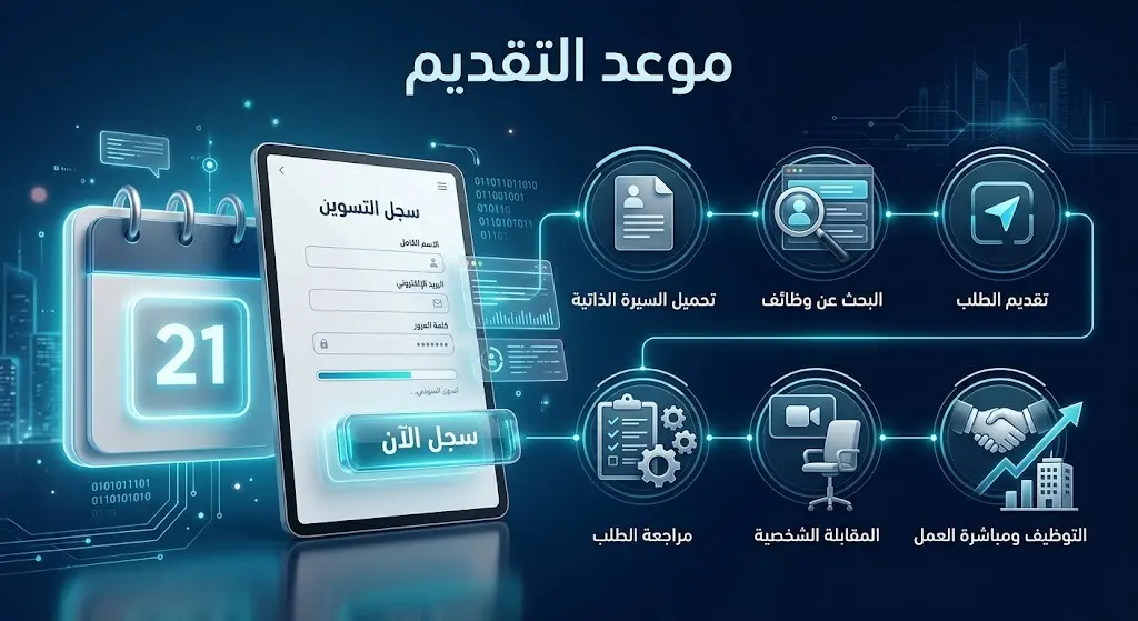 تصميم ثلاثي الأبعاد يبرز موعد بدء التقديم للوظائف في 21 يوليو وواجهة التسجيل الإلكتروني عبر الأجهزة الذكية.