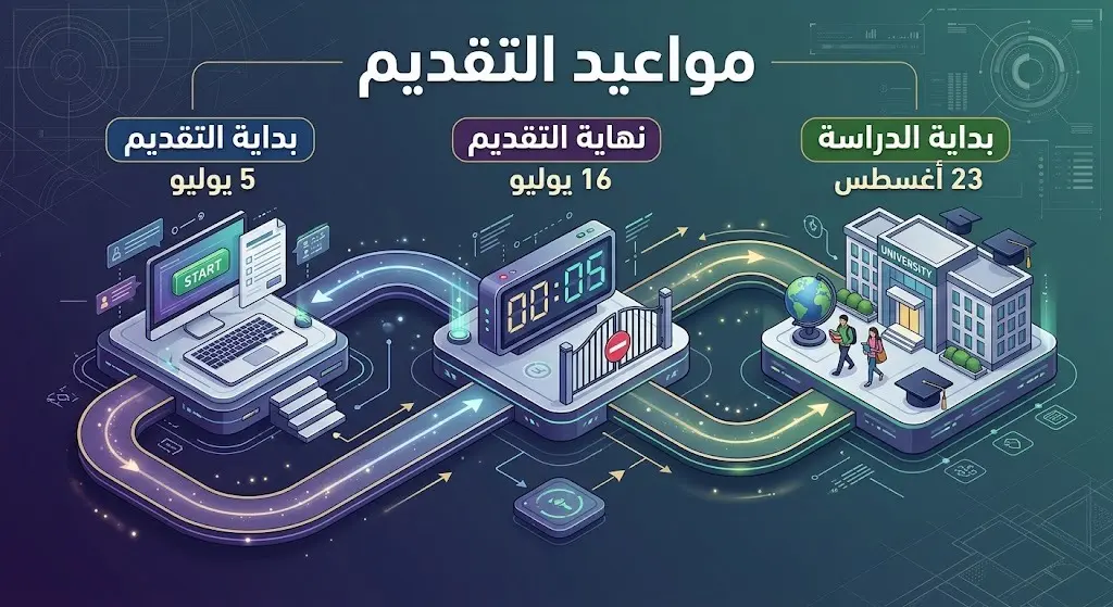 جدول زمني إنفوجرافيك يستعرض مواعيد بداية ونهاية التقديم وبدء الدراسة لبرامج الدبلوم.