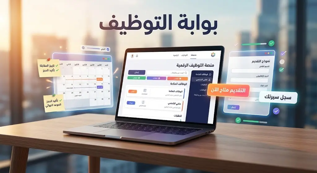 صورة تعبيرية لشاشة حاسوب وبوابة توظيف إلكترونية تبرز إتاحة التقديم وتسجيل البيانات
