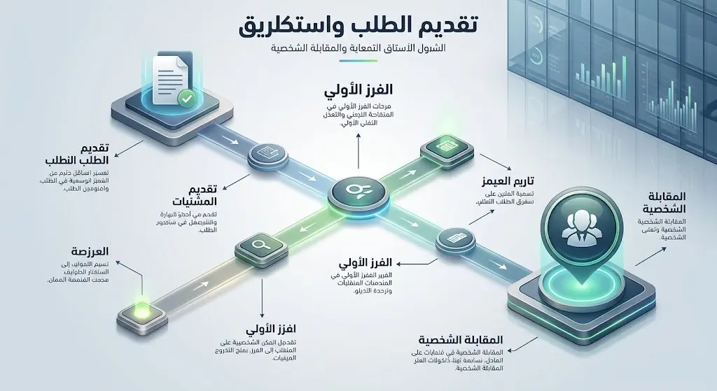 مخطط زمني تسلسلي يوضح مراحل التقديم بداية من تقديم الطلب، مروراً بالفرز الأولي للبيانات، وصولاً إلى المقابلة الشخصية.