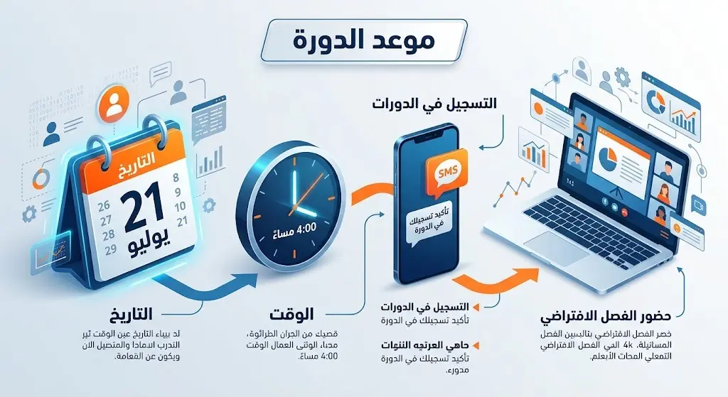 إنفوجرافيك يوضح موعد وتفاصيل الدورة التدريبية لمعهد ريادة متضمناً التاريخ والوقت وآلية الدخول