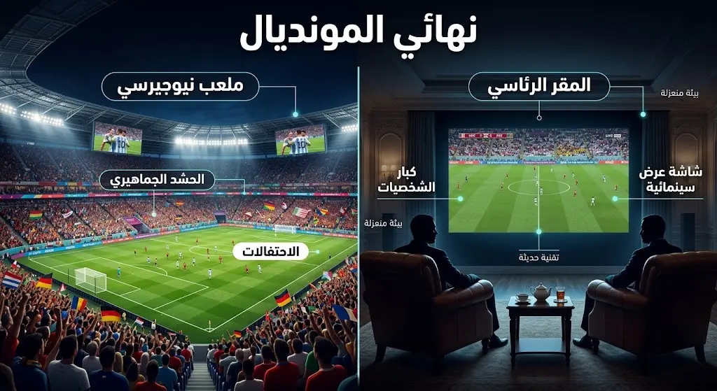 تصميم مقارنة بصرية يوضح التباين بين صخب ملعب نيوجيرسي وهدوء قاعة السينما الرئاسية حيث يتابع الرئيس الأرجنتيني المباراة.