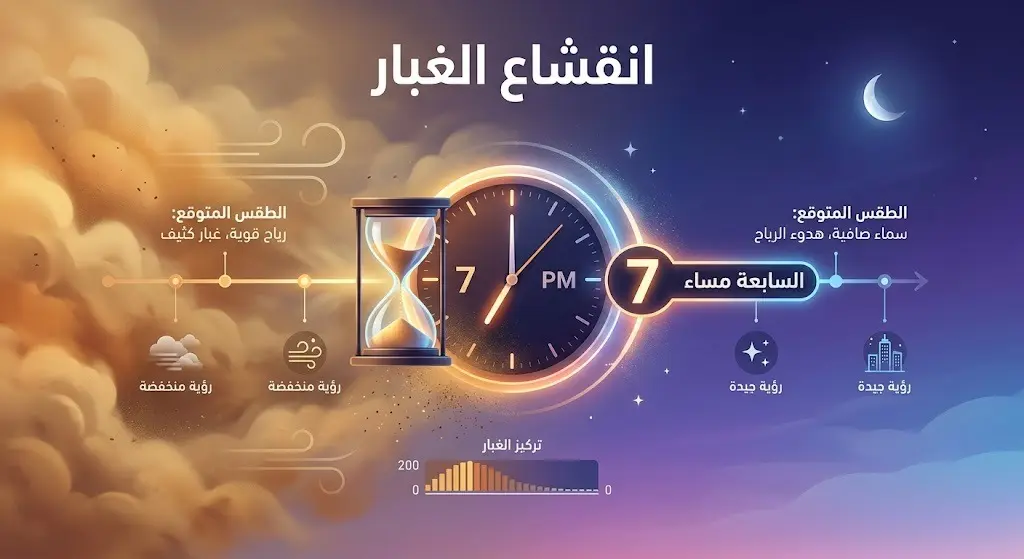 تصميم بياني إبداعي يظهر انتقال الأجواء من حالة الغبار إلى الصفاء مع إشارة لموعد انتهاء الحالة في السابعة مساءً.
