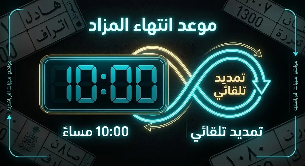 تصميم إنفوجرافيك يوضح ساعة رقمية تشير إلى العاشرة مساءً مع أسهم دائرية تعبر عن التمديد التلقائي لمزاد اللوحات المرورية.