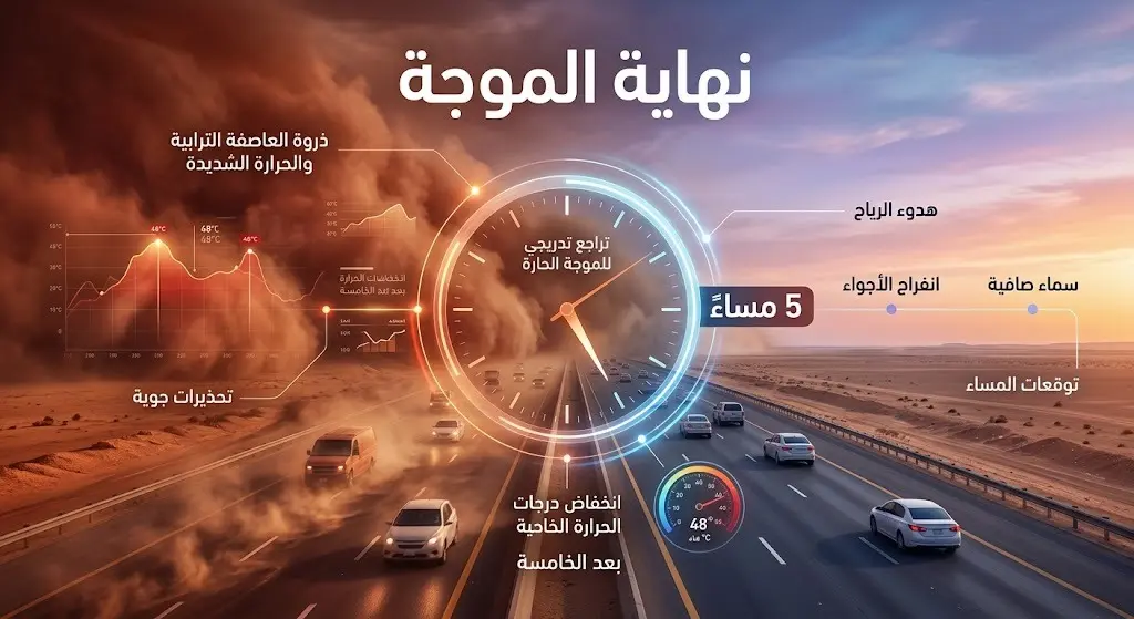 تصميم فني يدمج بين مشهد طريق سريع تكسوه الأتربة وعناصر جرافيكية لساعة تشير إلى الخامسة مساءً لتوضيح موعد تراجع الموجة الحارة.