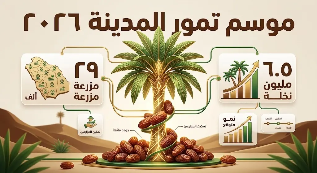 إنفوجرافيك عصري يستعرض انطلاق موسم تمور المدينة 2026 وتفاصيل الثروة الزراعية من أعداد النخيل والمزارع.