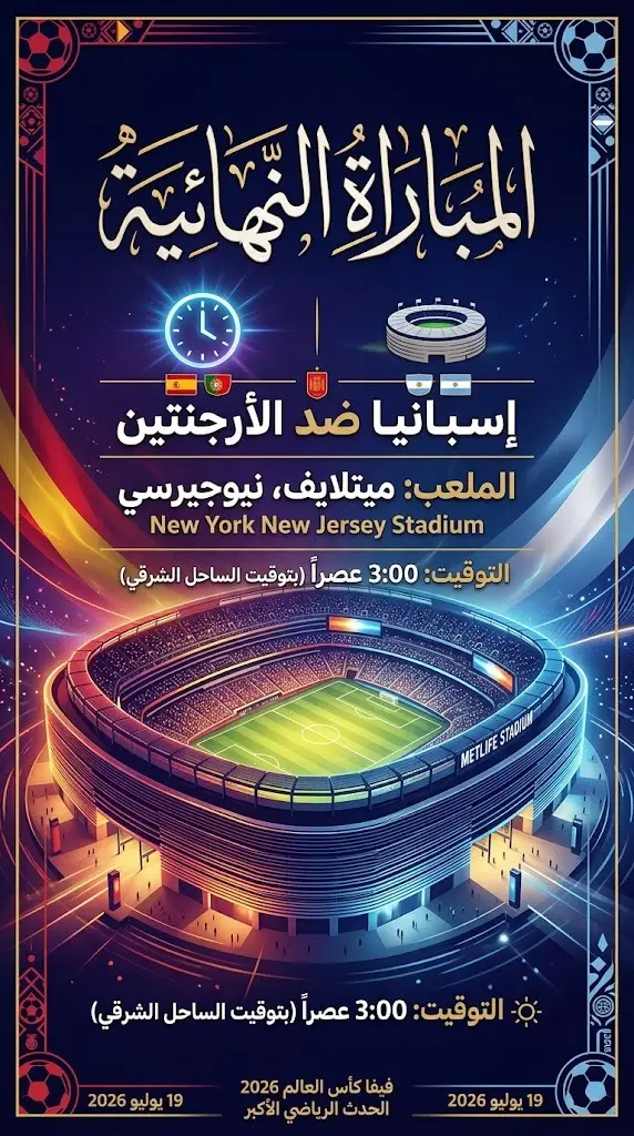 بطاقة معلوماتية تبين موعد نهائي كأس العالم 2026 بين إسبانيا والأرجنتين على ملعب ميتلايف وتوقيت انطلاق المباراة.