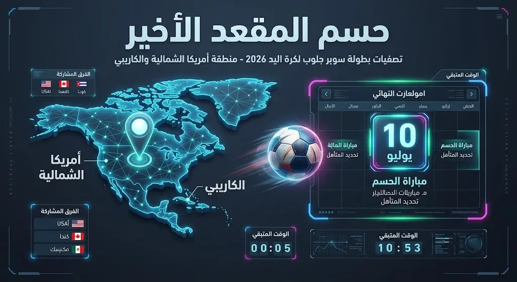 تصميم مرئي يبرز خريطة أمريكا الشمالية والكاريبي مع تقويم يسلط الضوء على يوم 10 يوليو لحسم المقعد المتبقي في البطولة.