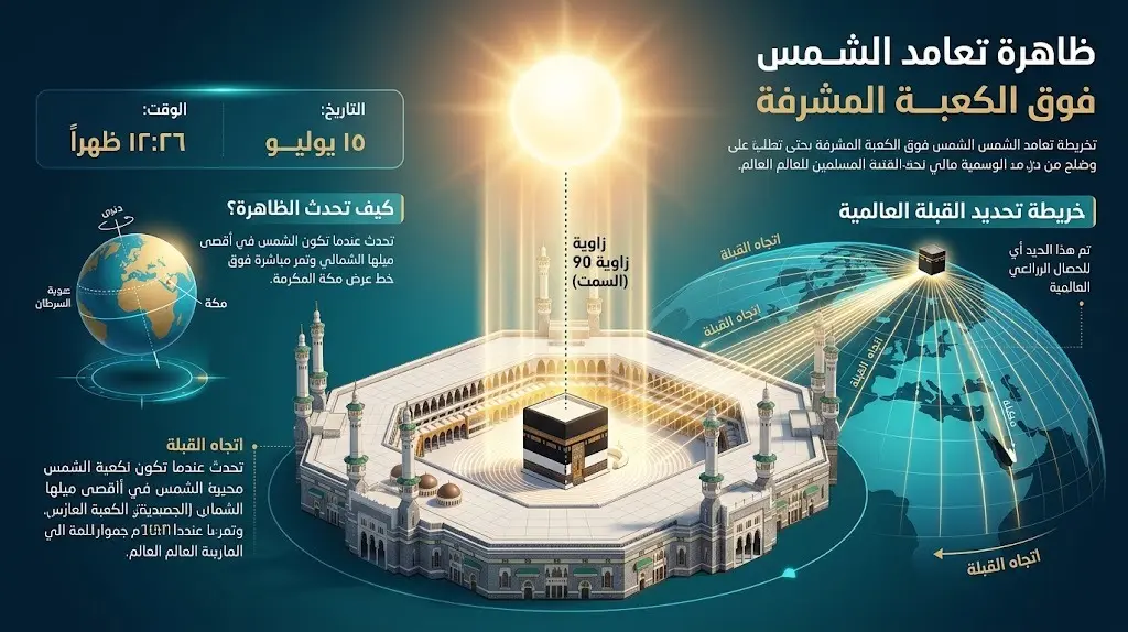 إنفوجرافيك يوضح موعد وتفاصيل ظاهرة تعامد الشمس على الكعبة المشرفة بزاوية 90 درجة