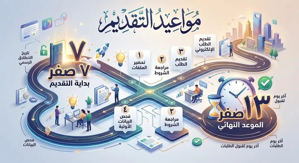 تصميم بصري يوضح الجدول الزمني لمواعيد التقديم على وظائف التعاون الأكاديمي بجامعة القصيم بداية من 7 صفر وحتى 13 صفر.