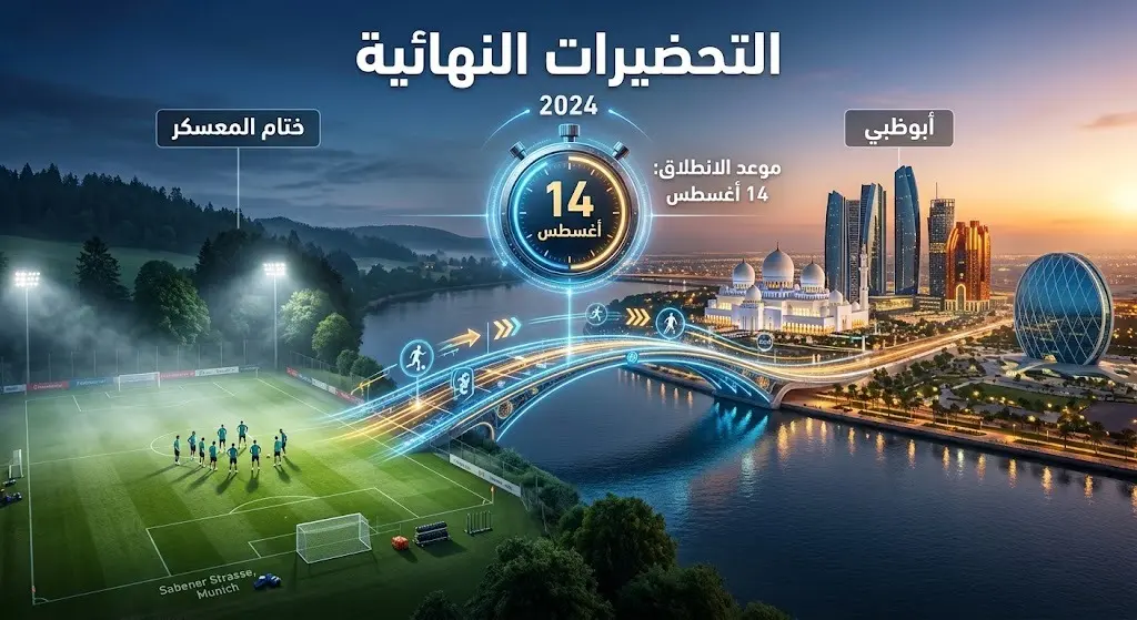 تصميم بصري يعبر عن ختام معسكر نادي الوحدة في ألمانيا والعودة إلى أبوظبي لبدء التحضيرات النهائية قبل انطلاق الموسم.