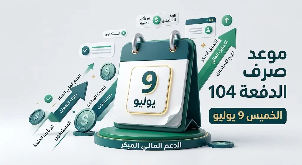 تصميم بياني يوضح تقديم موعد إيداع الدفعة 104 من حساب المواطن إلى يوم الخميس 9 يوليو.
