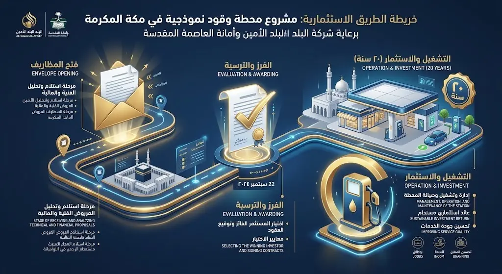 إنفوجرافيك يوضح الجدول الزمني وإجراءات طرح وترسية مشروع محطة الوقود والمراكز الخدمية في مخطط ولي العهد بمكة المكرمة.