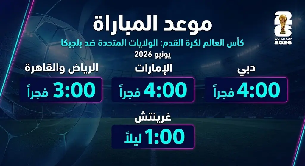 إنفوجرافيك رياضي يستعرض مواعيد انطلاق مباراة أمريكا وبلجيكا في مختلف الدول العربية بتصميم عصري متطور.
