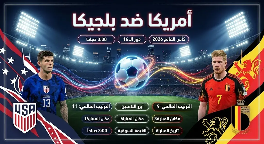 بطاقة معلومات بصرية تعرض تفاصيل وموعد مباراة أمريكا وبلجيكا في دور الـ 16 من كأس العالم 2026