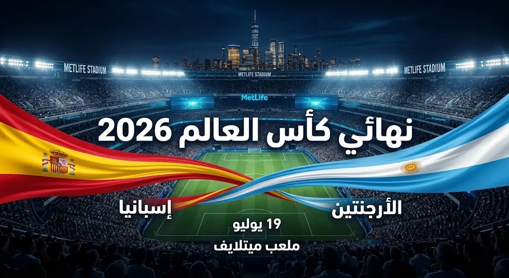 بطاقة معلوماتية مبتكرة تعرض موعد وتفاصيل المواجهة الكبرى بين إسبانيا والأرجنتين في نهائي كأس العالم 2026 بملعب ميتلايف