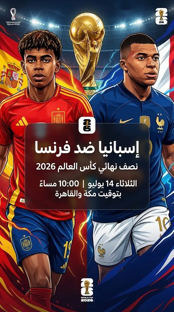 تصميم إنفوجرافيك احترافي لمباراة إسبانيا وفرنسا في نصف نهائي كأس العالم 2026، يظهر فيه الأمين جمال وكيليان مبابي مع تفاصيل موعد المباراة باللغة العربية.