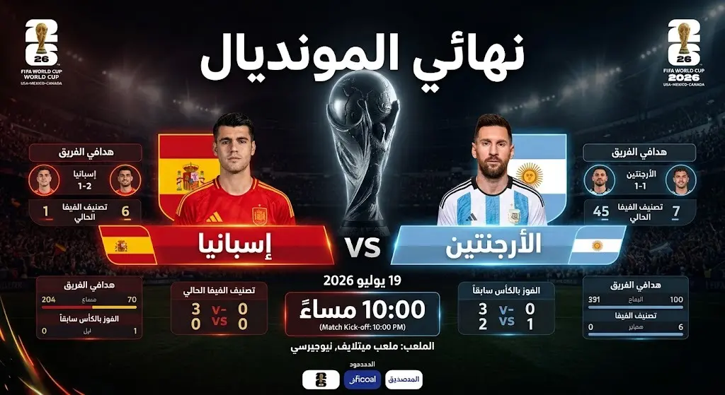 بطاقة معلومات رياضية احترافية تستعرض موعد وتفاصيل المباراة النهائية لكأس العالم 2026 بين منتخبي إسبانيا والأرجنتين.