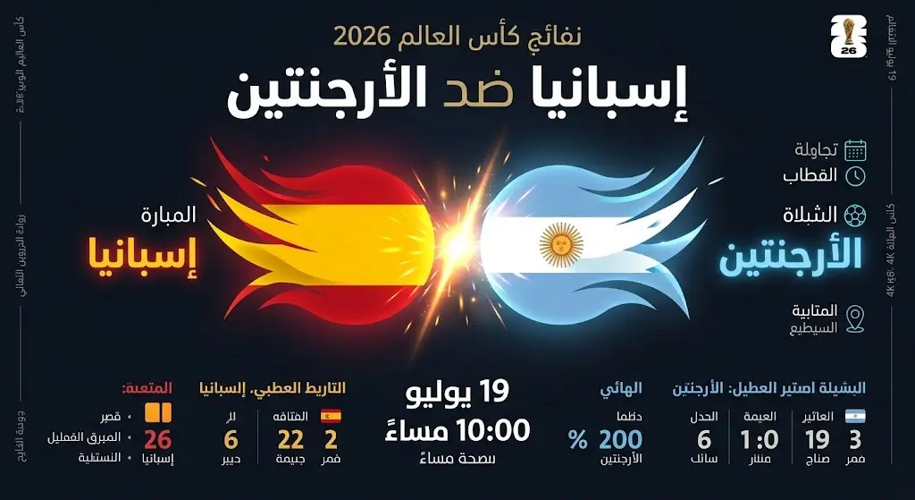 إنفوجرافيك رياضي احترافي يستعرض موعد وتفاصيل المباراة النهائية بين إسبانيا والأرجنتين.