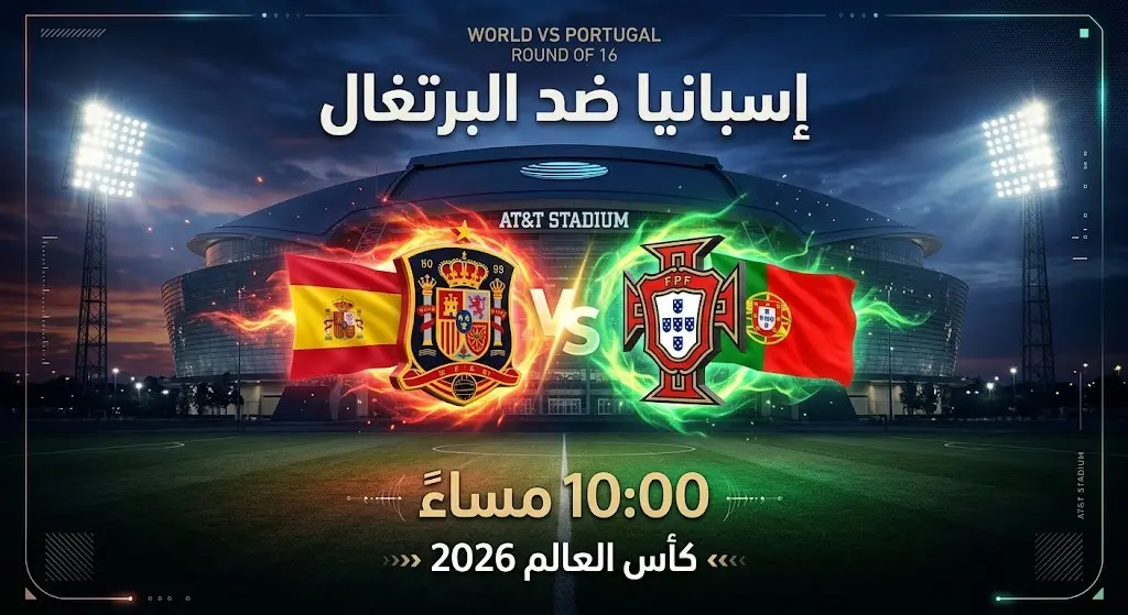 بطاقة رسومية لمباراة إسبانيا والبرتغال في دور الستة عشر من كأس العالم 2026 توضح موعد وملعب اللقاء