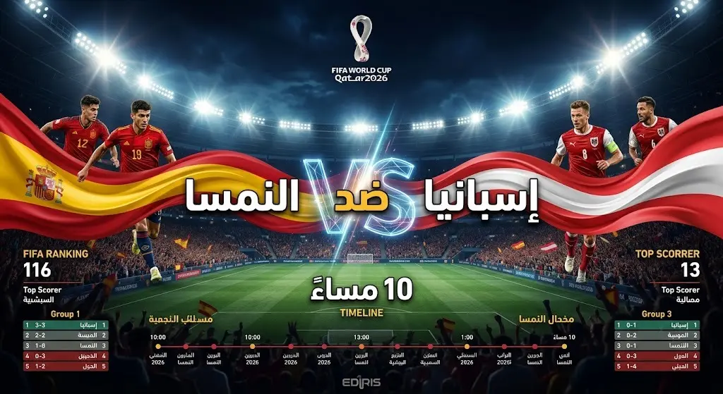 تصميم إنفوجرافيك رياضي يوضح موعد المواجهة المرتقبة بين إسبانيا والنمسا في المونديال.