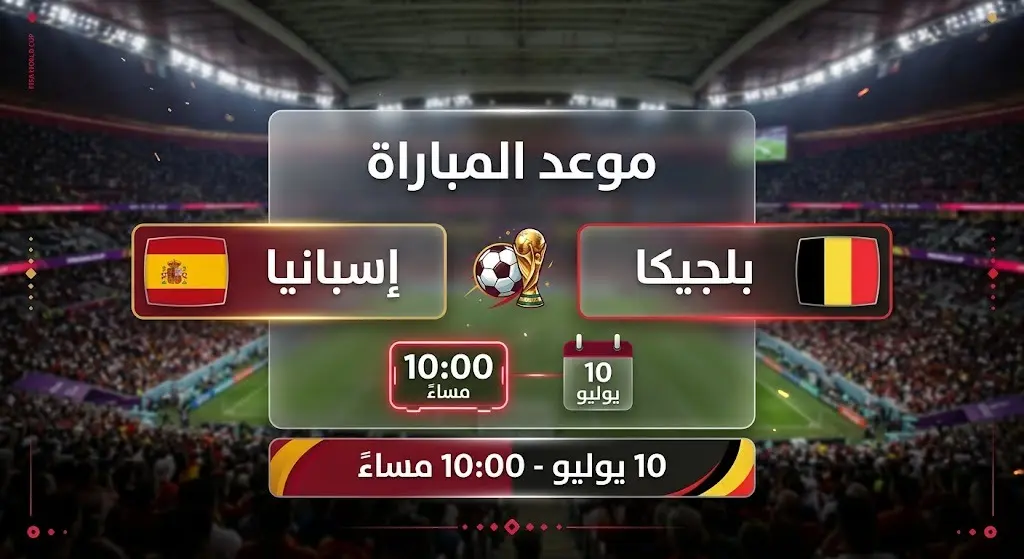 بطاقة معلومات رقمية تعرض تفاصيل موعد وتوقيت مباراة إسبانيا وبلجيكا